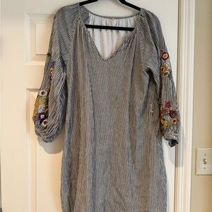 Anthropologie Striped V-Neck Dress with Floral Sleeves